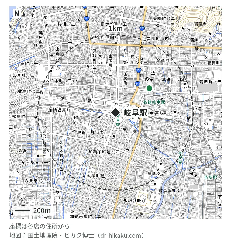 岐阜駅周辺（1km以内）のiPhone修理店 1店の位置図：スマホ修理のクイック 岐阜駅前店 532m