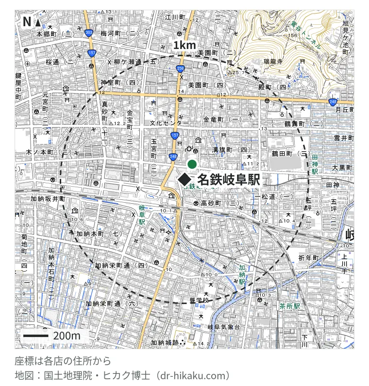 名鉄岐阜駅周辺（1km以内）のiPhone修理店 1店の位置図：スマホ修理のクイック 岐阜駅前店 89m