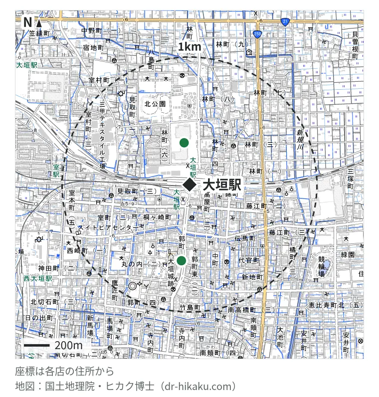 大垣駅周辺（1km以内）のiPhone修理店 2店の位置図：スマプラ アクアウォーク大垣店 324m、スマフォドクター 岐阜・大垣店 565m