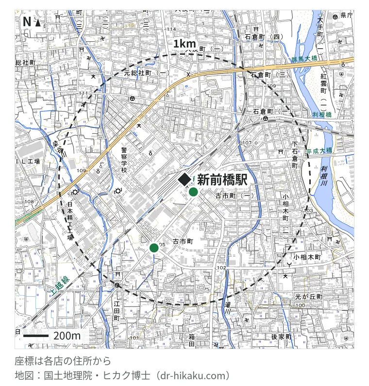 新前橋駅周辺（1km以内）のiPhone修理店 2店の位置図：J-PIC Plaba新前橋駅前店 122m、スマホ修理SHOP 前橋店 594m