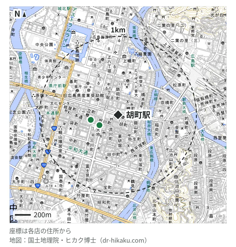 胡町駅周辺（1km以内）のiPhone修理店 2店の位置図：スマホ修理工房 広島パルコ店 269m、スマップル 広島店 351m