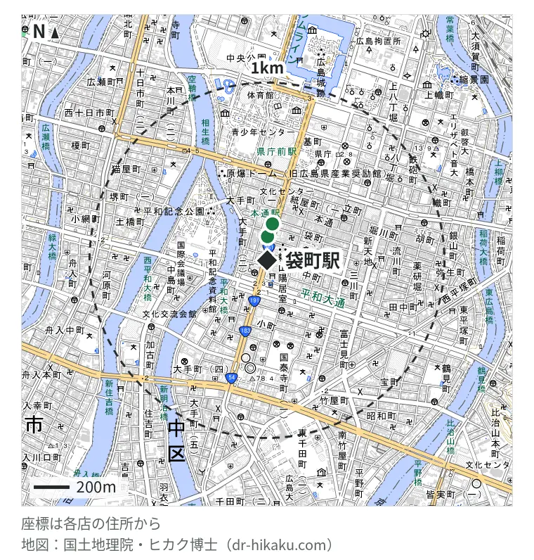 袋町駅周辺（1km以内）のiPhone修理店 2店の位置図：じゃんぱら 広島店 134m、iPhone修理アイサポ 広島本通店 207m