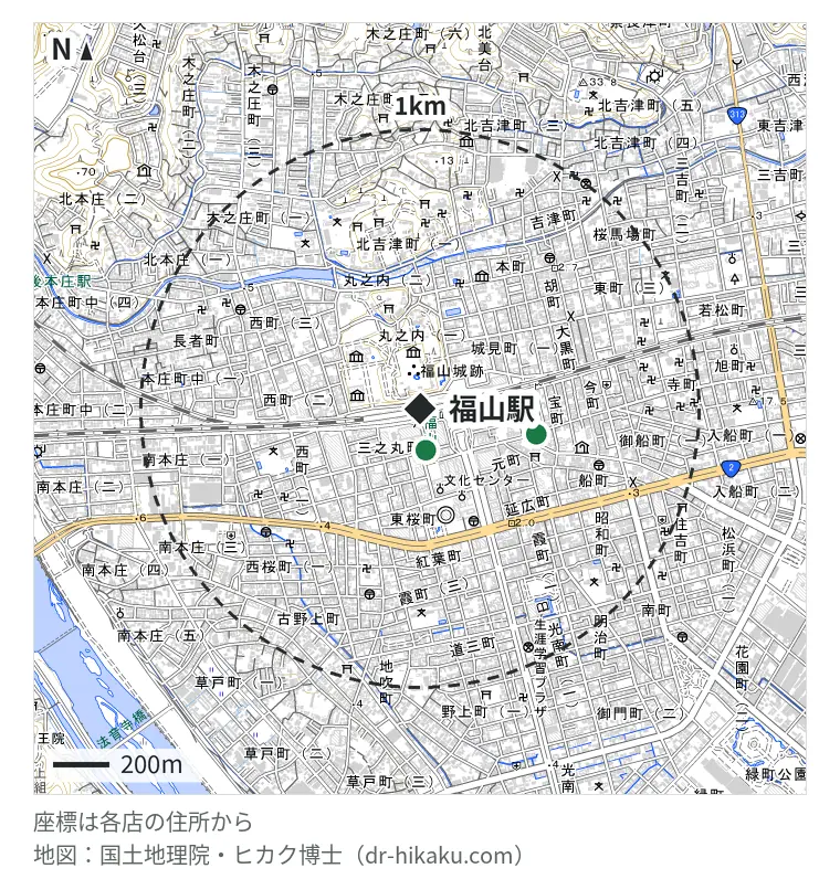 福山駅周辺（1km以内）のiPhone修理店 2店の位置図：iPhoneお直し本舗 福山店 148m、iR-スマホ修理福山 424m