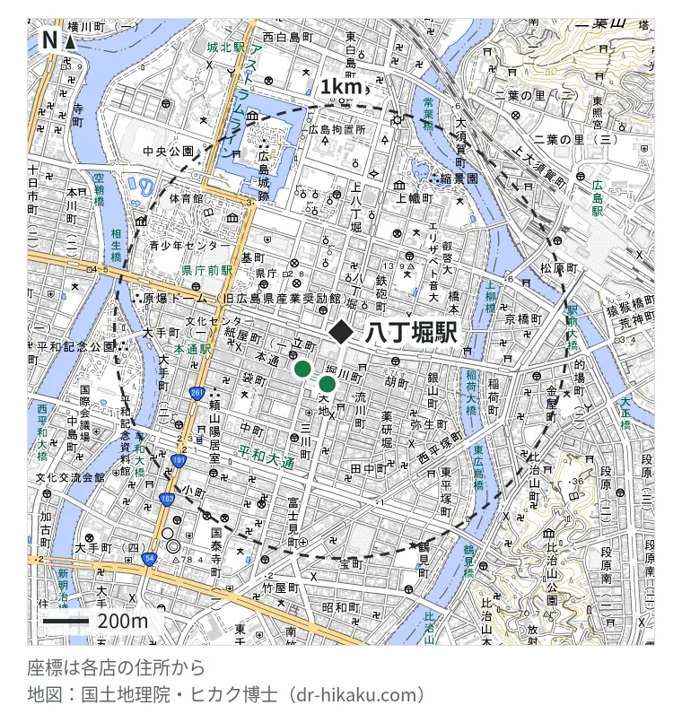 八丁堀駅周辺（1km以内）のiPhone修理店 2店の位置図：スマップル 広島店 192m、スマホ修理工房 広島パルコ店 194m
