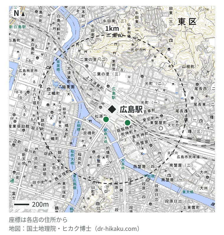 広島駅周辺（1km以内）のiPhone修理店 2店の位置図：あいプロ 福屋広島駅前店 76m、クイックガレージ 広島 247m