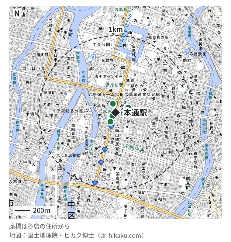 本通駅周辺（1km以内）のiPhone修理店 6店の位置図：iPhone修理アイサポ 広島本通店 54m、じゃんぱら 広島本通店 105m、iCrackedStore 広島シャレオ 110m、じゃんぱら 広島店 127m、ミスター・アイフィクス 155m、Fast&Fix Fast&Fix 171m