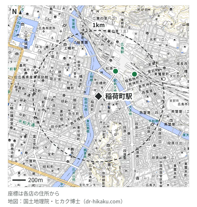 稲荷町駅周辺（1km以内）のiPhone修理店 2店の位置図：あいプロ 福屋広島駅前店 409m、クイックガレージ 広島 584m