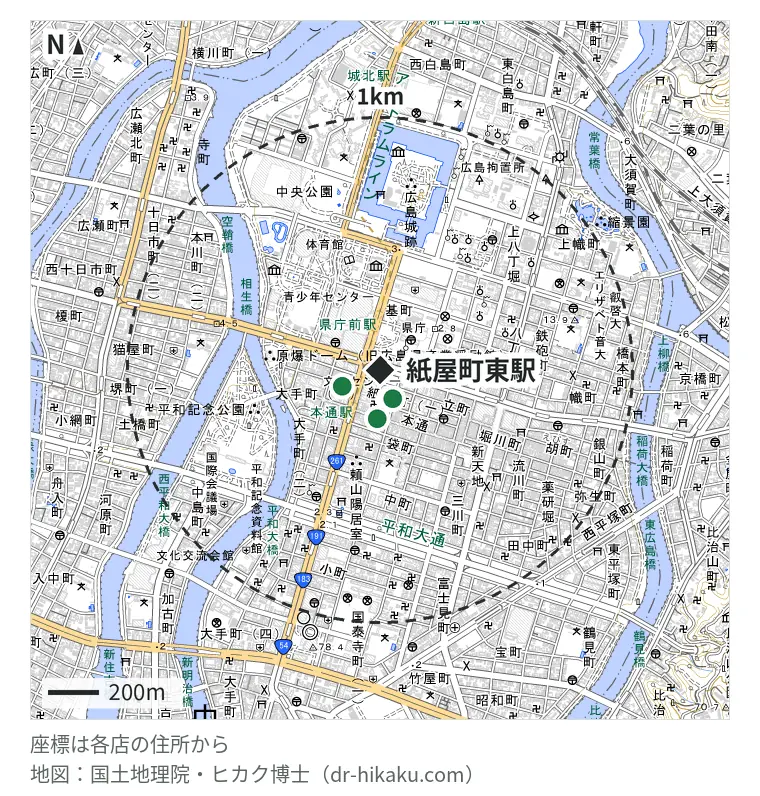 紙屋町東駅周辺（1km以内）のiPhone修理店 4店の位置図：ミスター・アイフィクス 120m、Fast&Fix Fast&Fix 124m、iCrackedStore 広島シャレオ 162m、じゃんぱら 広島本通店 191m