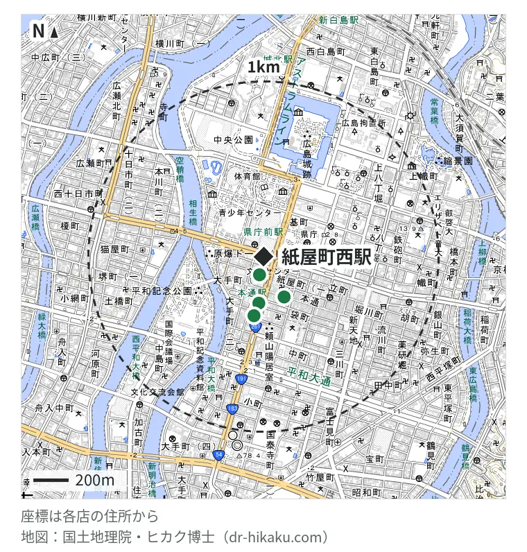 紙屋町西駅周辺（1km以内）のiPhone修理店 4店の位置図：iCrackedStore 広島シャレオ 105m、じゃんぱら 広島本通店 257m、iPhone修理アイサポ 広島本通店 265m、じゃんぱら 広島店 339m