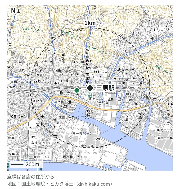 三原駅周辺（1km以内）のiPhone修理店 2店の位置図：ジャパンコスモ 214m、iPhone即日修理屋さん 三原店 265m