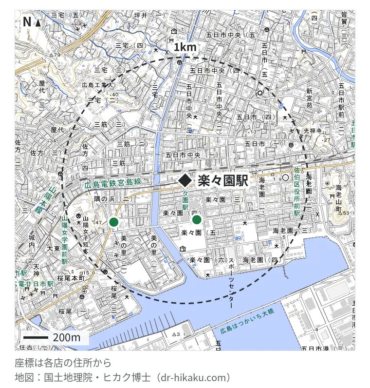 楽々園駅周辺（1km以内）のiPhone修理店 2店の位置図：スマホピッとイン イオンタウン楽々園店 332m、スマホ修理王 広島隅の浜店 669m