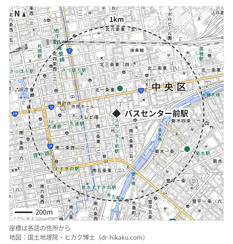 バスセンター前駅周辺（1km以内）のiPhone修理店 2店の位置図：スマホ修理SHOP サッポロファクトリー店 288m、スマホ修理SHOP マックスバリュ菊水店 900m