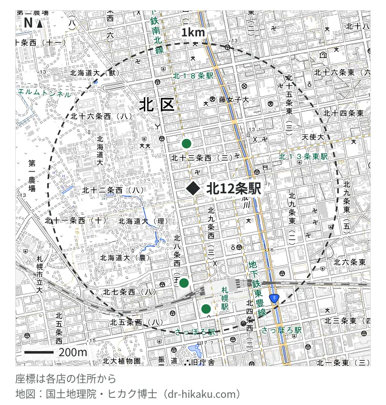 北12条駅周辺（1km以内）のiPhone修理店 3店の位置図：McDoctor 310m、スマップル 札幌駅店 652m、スマホスピタル 大丸札幌店 831m