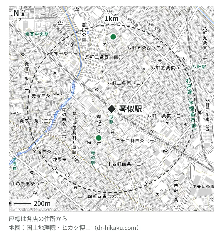琴似駅周辺（1km以内）のiPhone修理店 3店の位置図：スマートクリア 琴似駅前店 126m、スマレンジャー 札幌琴似店 377m、スマホ修理SHOP マックスバリュ八軒5条店 853m