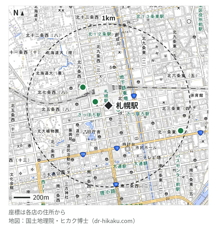 札幌駅周辺(1km以内)のiPhone修理店 4店の位置図:モバイル修理救急便 東急百貨店さっぽろ店 74m、スマホスピタル 大丸札幌店 142m、スマップル 札幌駅店 203m、スマホ修理SHOP サッポロファクトリー店 733m