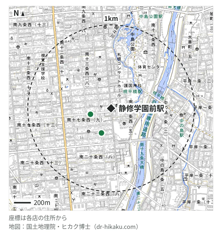 静修学園前駅周辺（1km以内）のiPhone修理店 2店の位置図：スマホ修理SHOP 札幌山鼻店 255m、iPhone修理アイサポ 札幌中央店 315m