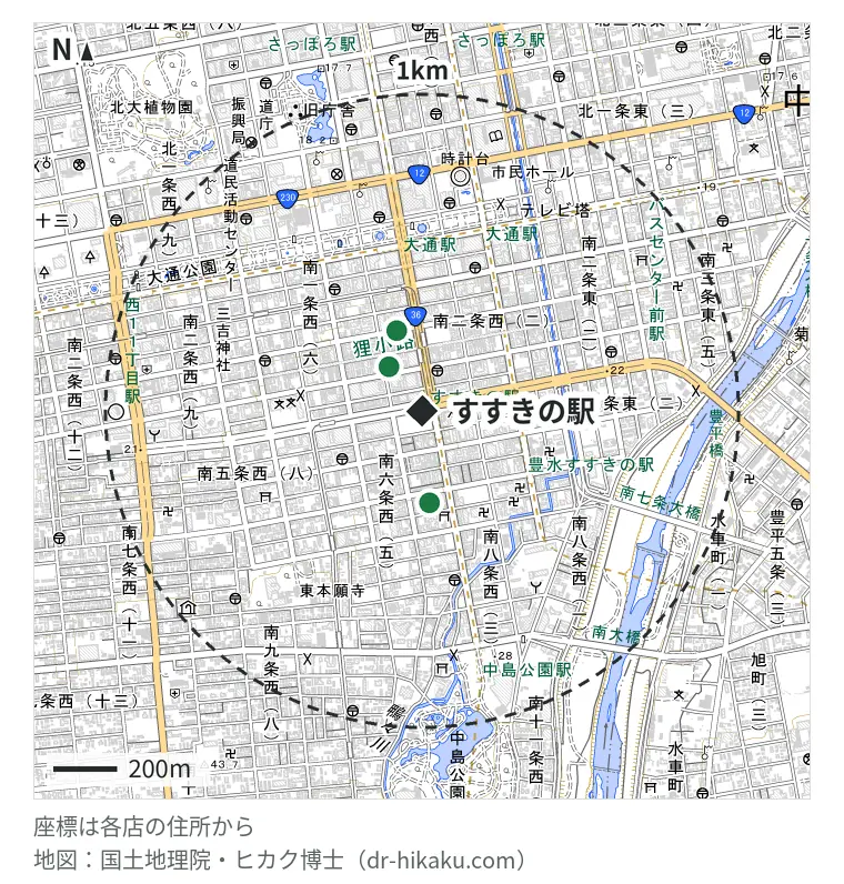 すすきの駅周辺（1km以内）のiPhone修理店 4店の位置図：ガレージ99 札幌店 156m、スマホ修理工房 札幌店 250m、モバイル修理救急便 札幌大通ナナイロ店 250m、アップル工房 札幌すすきの店 269m