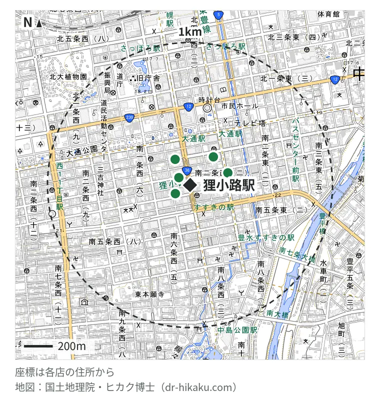 狸小路駅周辺（1km以内）のiPhone修理店 6店の位置図：スマホ修理工房 札幌店 94m、モバイル修理救急便 札幌大通ナナイロ店 94m、ガレージ99 札幌店 119m、スマホファクトリー 札幌四丁目店 207m、iCrackedStore 札幌 255m、じゃんぱら 札幌南2条店 277m