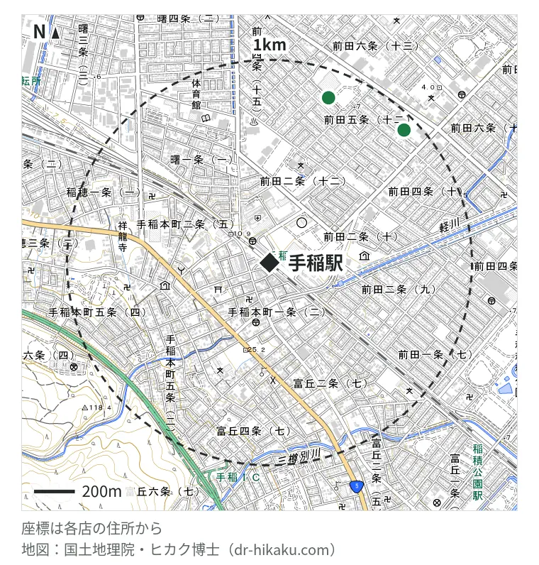 手稲駅周辺（1km以内）のiPhone修理店 2店の位置図：スマートクリア トライアル手稲店 860m、スマホ修理SHOP 札幌手稲店 926m