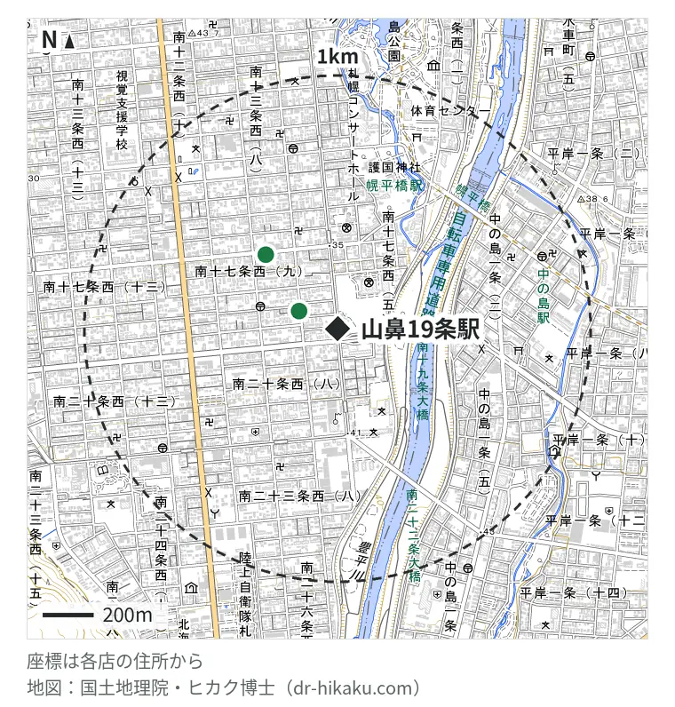 山鼻19条駅周辺(1km以内)のiPhone修理店 2店の位置図:iPhone修理アイサポ 札幌中央店 166m、スマホ修理SHOP 札幌山鼻店 405m
