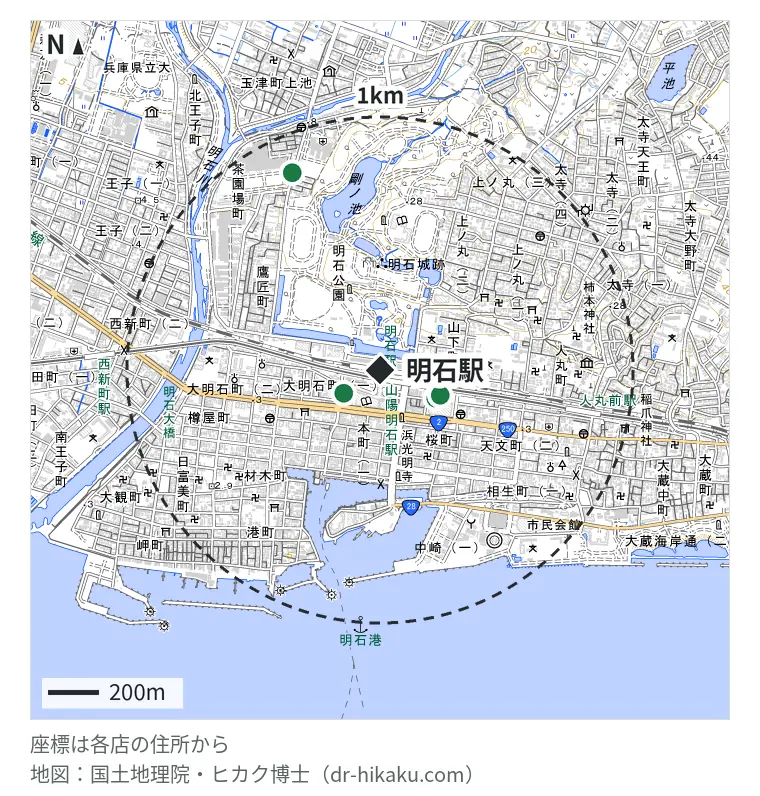 明石駅周辺（1km以内）のiPhone修理店 4店の位置図：モバイル修理救急便 明石駅前店 170m、iCrackedStore アスピア明石 245m、スマートクール アスピア明石店 257m、iPhone修理アイサポ 明石店 847m