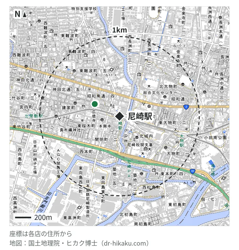 尼崎駅周辺（1km以内）のiPhone修理店 2店の位置図：THISCOVER+尼崎 337m、スマレンジャー 尼崎中央商店街店 344m