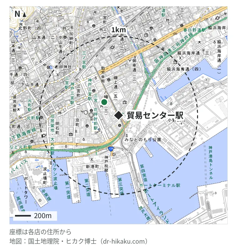貿易センター駅周辺（1km以内）のiPhone修理店 1店の位置図：じゃんぱら 神戸店 244m