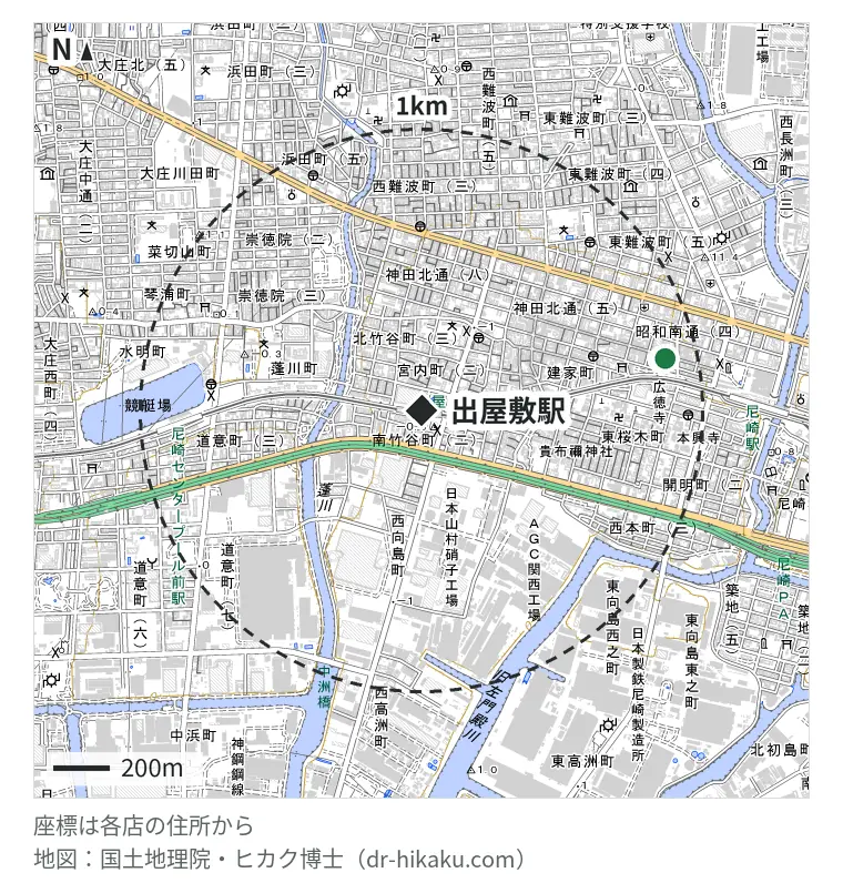 出屋敷駅周辺（1km以内）のiPhone修理店 2店の位置図：スマレンジャー 尼崎中央商店街店 871m、THISCOVER+尼崎 881m