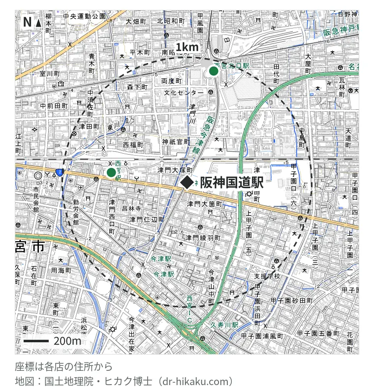 阪神国道駅周辺（1km以内）のiPhone修理店 2店の位置図：修理ステーション 608m、モバイル修理救急便 阪急西宮北口店 911m