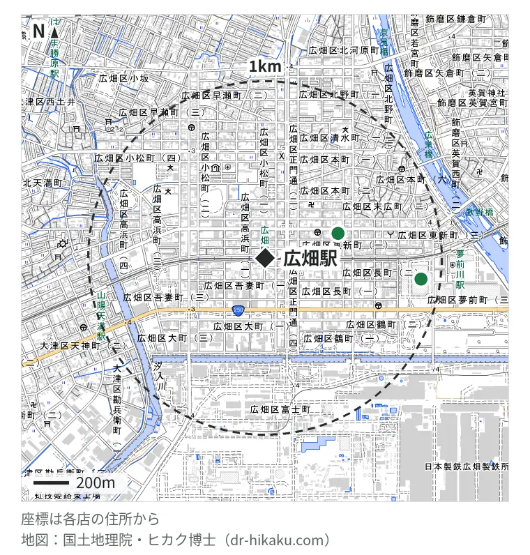 広畑駅周辺（1km以内）のiPhone修理店 2店の位置図：MAGIA REPAIR 434m、スマホリペアー MEGAドン・キホーテ姫路広畑店 886m