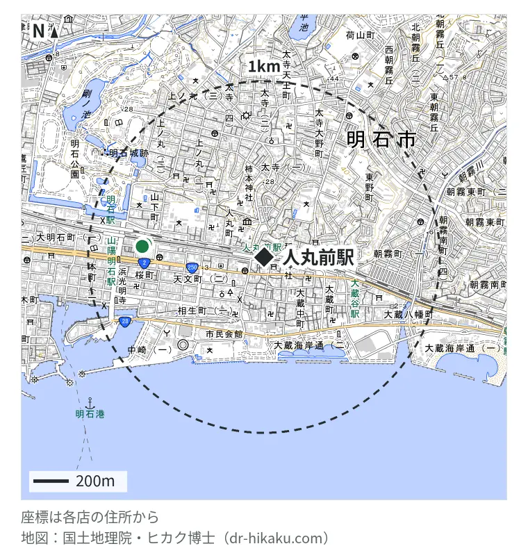 人丸前駅周辺（1km以内）のiPhone修理店 2店の位置図：スマートクール アスピア明石店 674m、iCrackedStore アスピア明石 691m
