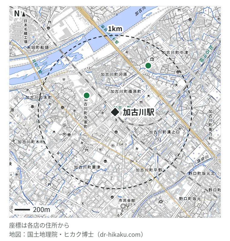 加古川駅周辺（1km以内）のiPhone修理店 2店の位置図：iCrackedStore 加古川ニッケパークタウン 411m、SPICE 加古川 726m
