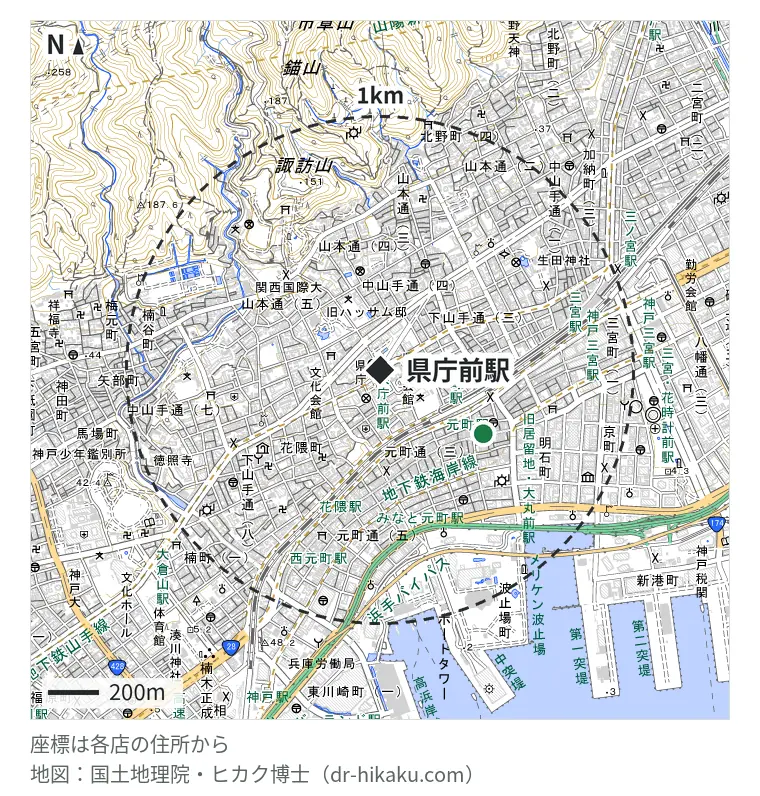 県庁前駅周辺（1km以内）のiPhone修理店 1店の位置図：iCrackedStore 神戸三宮元町 476m