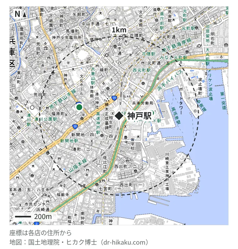 神戸駅周辺（1km以内）のiPhone修理店 2店の位置図：スマートクール 神戸ハーバーランドumie店 402m、ドクター・ホームネット 神戸店 508m