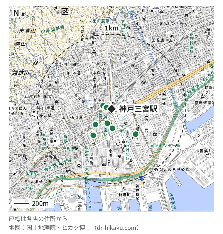 神戸三宮駅周辺（1km以内）のiPhone修理店 9店の位置図：iPLaNT 神戸三宮駅前店 51m、スマホスピタル 神戸三宮店 62m、あいプロ 三宮駅前店 77m、モバイル修理救急便 神戸三宮さんプラザ店 120m、スマホバスター 神戸三宮駅前店 170m、クイックガレージ 神戸三宮 211m、じゃんぱら 三宮センター街店 300m、スマホ修理工房 神戸三宮店 306m、じゃんぱら 神戸店 389m