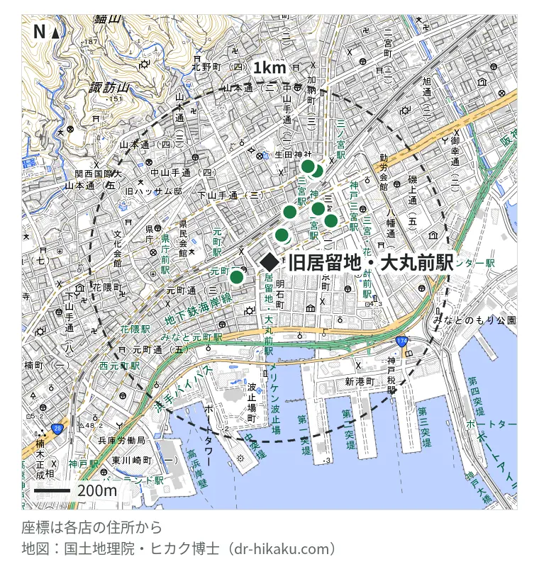 旧居留地・大丸前駅周辺（1km以内）のiPhone修理店 9店の位置図：スマホ修理工房 神戸三宮店 158m、じゃんぱら 三宮センター街店 165m、iCrackedStore 神戸三宮元町 201m、スマホバスター 神戸三宮駅前店 300m、モバイル修理救急便 神戸三宮さんプラザ店 400m、クイックガレージ 神戸三宮 410m、スマホスピタル 神戸三宮店 549m、あいプロ 三宮駅前店 569m、iPLaNT 神戸三宮駅前店 573m