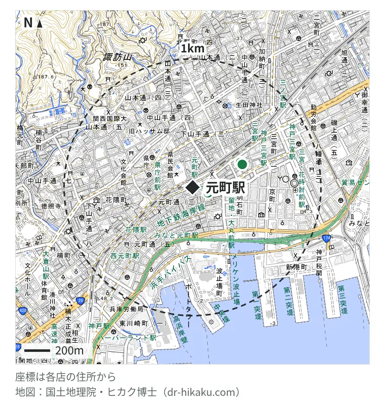 元町駅周辺（1km以内）のiPhone修理店 3店の位置図：iCrackedStore 神戸三宮元町 131m、じゃんぱら 三宮センター街店 374m、スマホ修理工房 神戸三宮店 382m