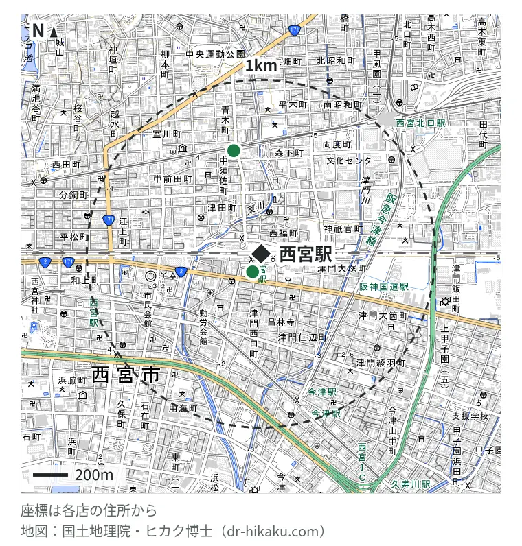 西宮駅周辺（1km以内）のiPhone修理店 2店の位置図：修理ステーション 114m、スマートリペア 西宮店 610m
