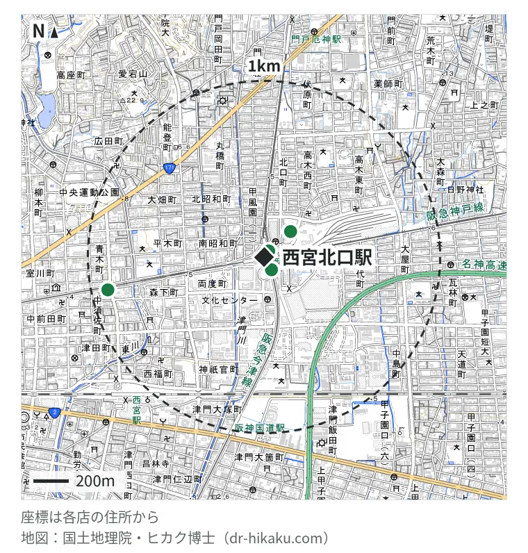 西宮北口駅周辺（1km以内）のiPhone修理店 4店の位置図：iCrackedStore アクタ西宮 26m、モバイル修理救急便 阪急西宮北口店 81m、スマホスピタル 西宮北口店 185m、スマートリペア 西宮店 875m