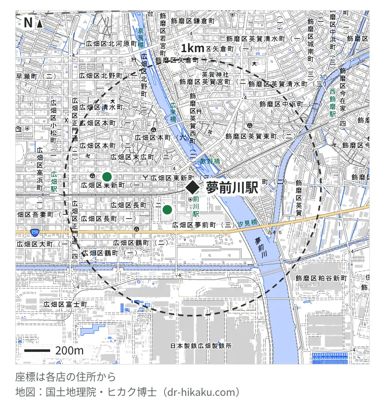 夢前川駅周辺（1km以内）のiPhone修理店 2店の位置図：スマホリペアー MEGAドン・キホーテ姫路広畑店 261m、MAGIA REPAIR 666m