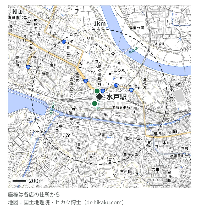 水戸駅周辺（1km以内）のiPhone修理店 2店の位置図：モバイル修理救急便 水戸駅前店 73m、iCrackedStore 水戸エクセルみなみ 117m