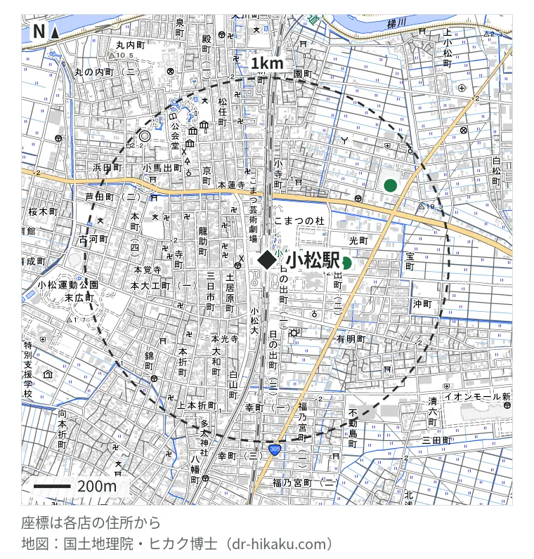 小松駅周辺（1km以内）のiPhone修理店 2店の位置図：iPhone修理アイサポ 小松店 420m、スマホスピタル アル・プラザ小松 783m