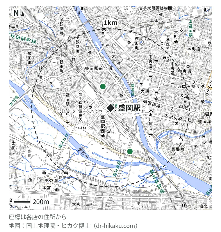 盛岡駅周辺（1km以内）のiPhone修理店 2店の位置図：iFC 盛岡店 266m、ダイワンテレコム 盛岡店 590m