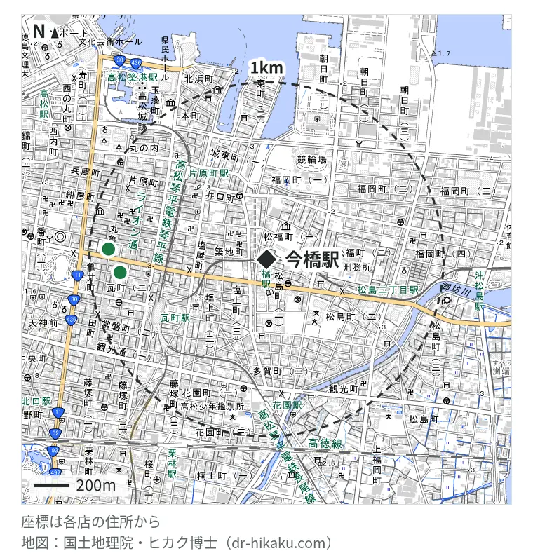 今橋駅周辺（1km以内）のiPhone修理店 2店の位置図：iPhone即日修理屋さん 高松瓦町店 825m、iCrackedStore 高松丸亀町グリーン 890m