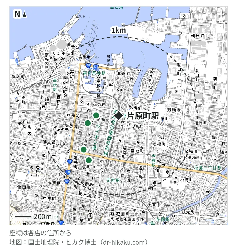片原町駅周辺（1km以内）のiPhone修理店 4店の位置図：スマホスピタル 高松 283m、スマップル 香川高松店 399m、iCrackedStore 高松丸亀町グリーン 614m、iPhone即日修理屋さん 高松瓦町店 674m