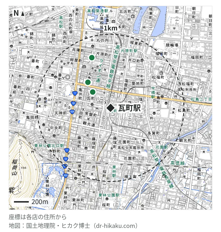 瓦町駅周辺（1km以内）のiPhone修理店 3店の位置図：iPhone即日修理屋さん 高松瓦町店 319m、iCrackedStore 高松丸亀町グリーン 464m、スマップル 香川高松店 699m