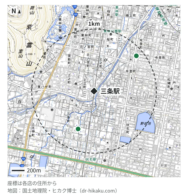 三条駅周辺（1km以内）のiPhone修理店 2店の位置図：スマートクール ゆめタウン高松店 657m、sumamo 今里店 880m