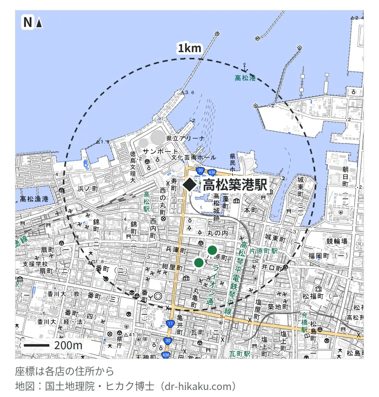 高松築港駅周辺（1km以内）のiPhone修理店 2店の位置図：スマホスピタル 高松 548m、スマップル 香川高松店 622m