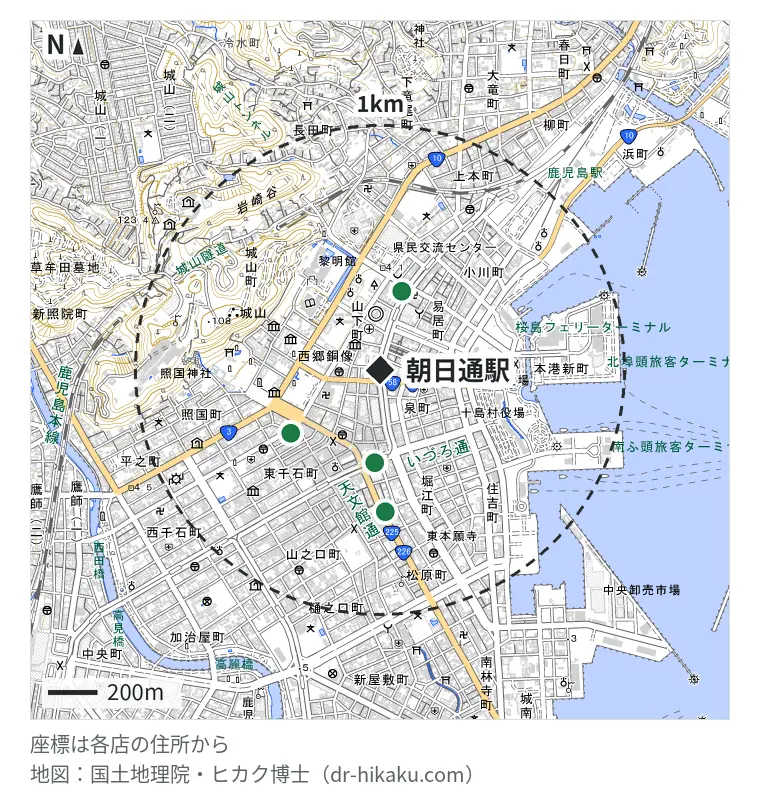 朝日通駅周辺（1km以内）のiPhone修理店 4店の位置図：iPhone修理アイサポ 鹿児島店 332m、iCrackedStore 鹿児島ロフト 377m、QuickRepair+ 天文館店 444m、スマホ修理王 鹿児島本店 577m