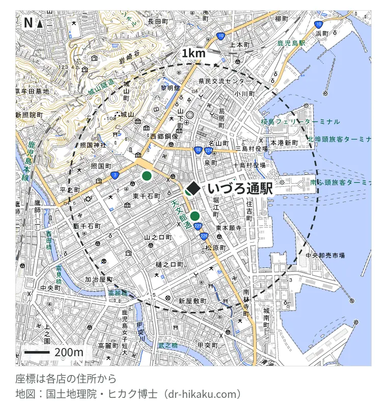 いづろ通駅周辺（1km以内）のiPhone修理店 3店の位置図：iCrackedStore 鹿児島ロフト 37m、スマホ修理王 鹿児島本店 222m、QuickRepair+ 天文館店 385m
